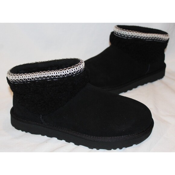 UGG Women's Classic Ultra Mini Maxi Curly Suede Shearling Lined Boots Black - Picture 2 of 7